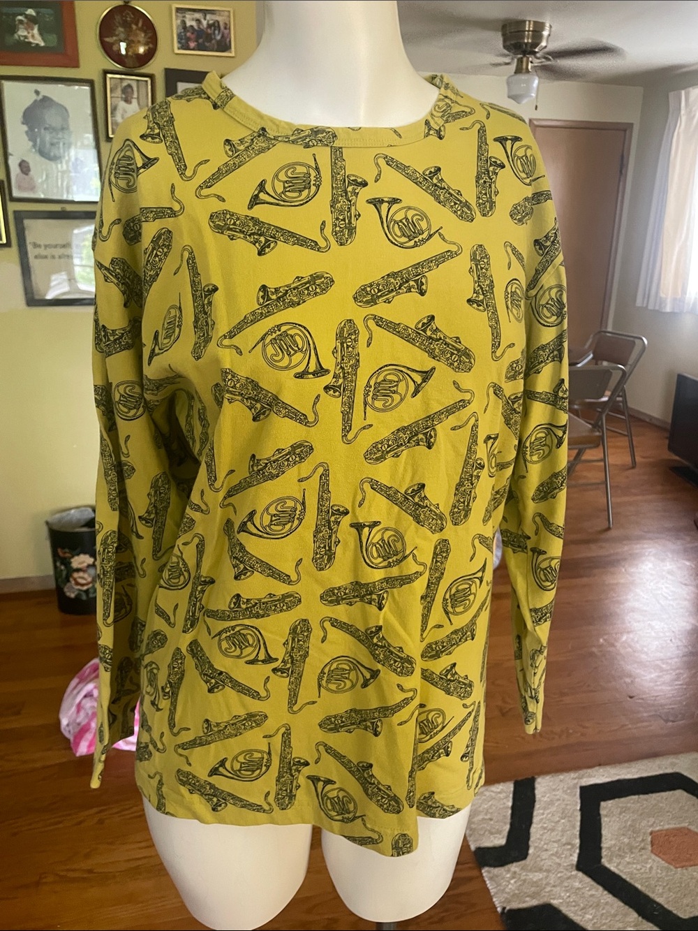 Ann Taylor Vintage  Long Sleeve Yellow Printed Saxophone/Horn Print